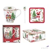 Kép 2/2 - Bögre Porcelán karácsonyi 3,5dl kanállal, parafa poháralátéttel dobozban Joyful Santa