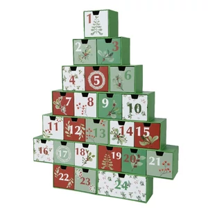 Adventi kalendárium 24" fenyőfa alakú, nagyfiókos tároló 45cm 37cm x.6cmx45cm sdkae adventinaptár