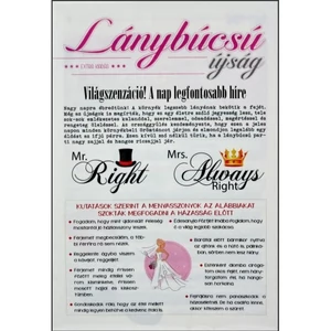 Ajándék újság lánybúcsúra Mérete: 16 cm x 23 cm Az újság összesen 8 oldalas.