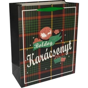 Ajándéktasak karácsony Boldog Karácst felirat, kockás,glitteres 26x32x12cm