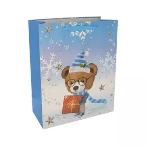 Ajándéktasak karácsonyi macival, hópehellyel, glitteres papír 18x23x10cm, kék barna