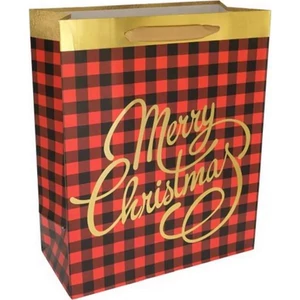 Ajándéktasak karácsonyI Marry Christmas felirattal kockás papír 31x42x12