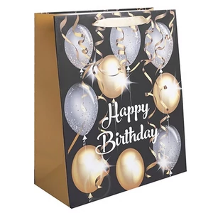 Ajándéktasak matt, 11x14cm arany és ezüst lufik Happy Birthday felirattal 371768