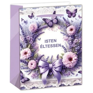 Ajandéktasak szalagfüles Levendula Koszorú, Lila, Isten Éltessen 23x32x16cm 370498