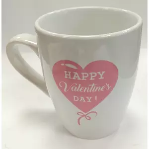 Bögre kerámia Valentin Love - Happy Valentin Day felirattal fehér alapon pink szív, benne a felirat