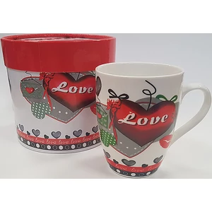 Bögre kerámia Valentin Love felirattal, szív dekorral díszdobozban, témához illő mintával