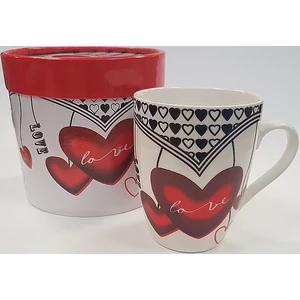 Bögre kerámia Valentin Love felirattal, szív dekorral díszdobozban, témához illő mintával
