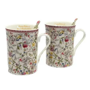 Bögre porcelán 250ml 2 személyes készlet, kanállal, virágos 10,5x10,5cm