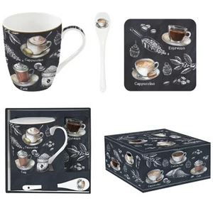 Bögre Porcelán 3,5dl kanállal, parafa poháralátéttel dobozban Barista