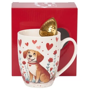 Bögre porcelán 360ml szív alakú teaszűrővel,Dog dobozban