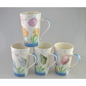 Bögre Porcelán 415ml V forma 4féle Tengeri kagylós mintával 8,5x13,5cm kávés bögre