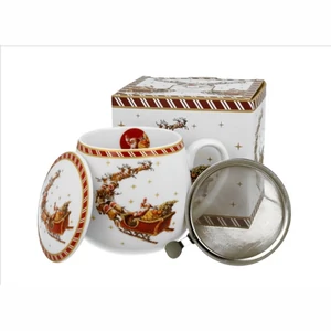 Bögre Porcelán 4,3dl tetővel fémszűrővel,Santa on Sleig dobozban