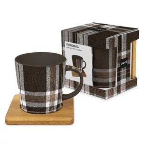 Bögre porcelán 4dl dobozban, akácfa alátéttel Check brown