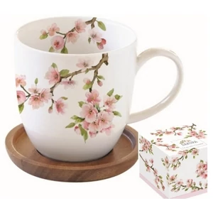 Bögre Porcelán akácfa alátéttel,350ml dobozban,Sakura