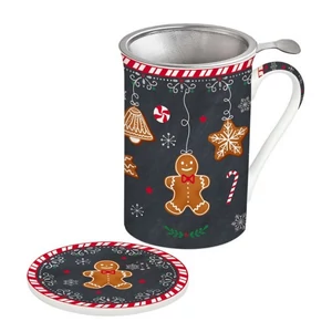 Bögre Porcelán karácsonyi 3dl tetővel fémszűrővel, Gingerbread dobozban