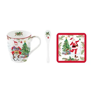 Bögre Porcelán karácsonyi 3,5dl kanállal, parafa poháralátéttel dobozban Joyful Santa