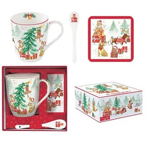 Bögre Porcelán karácsonyi 3,5dl kanállal, parafa poháralátéttel dobozban Christmas Gang