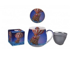 Bögre Porcelán karácsonyi 4,3dl tetővel fémszűrővel, Santa Balloon dobozban