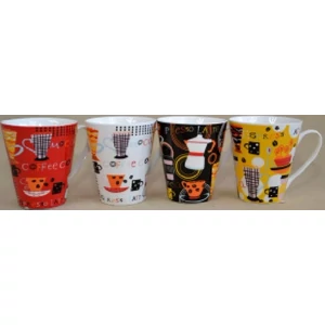 Bögre Retro Coffee dekor 300ml íves Bögre porcelán , 4különböző mintáva