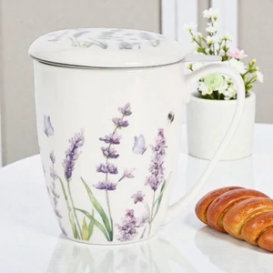 Bögre porcelán 380ml CLASSIC LAVENDER-levendulás Díszdobozban rozsdamentes teaszűrővel