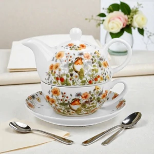 Csésze és teáskanna porcelán 350ml rozsdamentes teaszűrővel WILD BIRD Díszdobozban