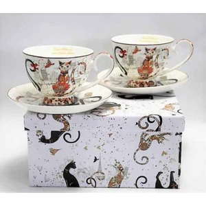 Csésze+alj Porcelán cat 2 személyes,,fekete-barna 250ml városi cicák P.P.W20CT456-25516