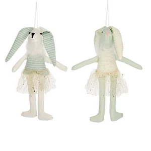 Dekor nyúl ülő tüllel, textil 23cm fehér-zöld 2féle akasztós