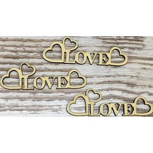 Fa felirat tábla Love szívekkel 10cmx3cmx3mm 3db/cs