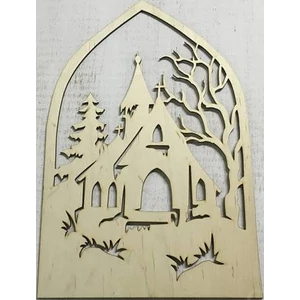 Fa figura téli táj templommal 40x27cm