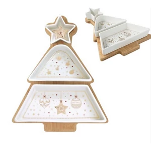 Fenyőfa porcelántálszett 3 részes, bambusztálcán 21x25cm Dobozban Christmas Lights
