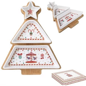 Fenyőfa porcelántálszett 3 részes, bambusztálcán 21x25cm Dobozban Christmas Wonderland