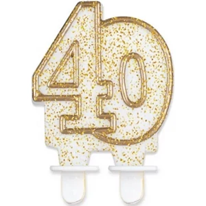 Party számgyertya Szülinapi 40 fehér-arany szegős glitteres számgyertya Szülinapi - évfordulós tortadísz