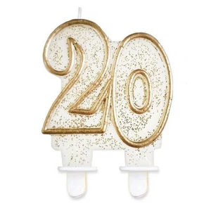 Party gyertya számos 20 fehér-arany szegős glitteres számgyertya Szülinapi - évfordulós tortadísz