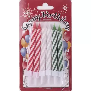 Gyertya Party szülinapi szett 12db 3színű spirálos-csíkos tortagyertya [5996033698084] Happy Birthday!