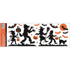 Halloween Ablakmatrica narancssárga glitteres 59x21cm fekete Halloween mintás party dekoráció!