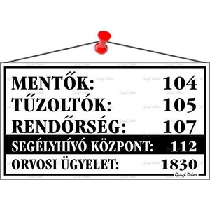 Információs tábla 22 5x12 5cm "Mentők tűzoltók rendőrség telefonszámok" fehér