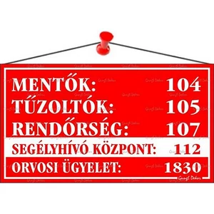 Információs tábla 22 5x12 5cm "Mentők tűzoltók rendőrség telefonszámok" piros