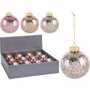 Karácsonyfa gömb 8cm rose gold konfettis 3féle fenyődísz rózsaszín ezüst exkluzív kpm