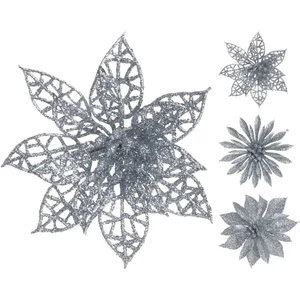 Karácsonyi 8cm glitteres pick 23 ezüst és fehér szín, 3féle típus csíptetős dísz fenyődísz