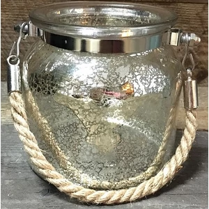 Mécsestartó tükör hatással repedeztetett felülettel -11x13cm natúr kötél fogóval vastag falú üvegből