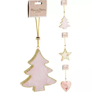 Karácsonyi dekor akasztós 21' fenyőfa fából, 10cm 3 féle rózsaszín lakkozott