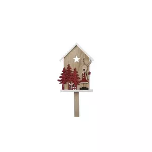 Karácsonyi dekor szarvas Szarvas fenyővel házzal betűzős fa 10x44 cm piros, natúr