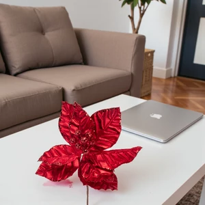 Dekor virág metál piros 35cm glitteres fliteres Mikulásvirág csipesszel KPM25