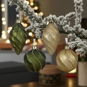 Karácsonyi fenyődísz gömb 24' csavart mintás, 4 féle zöld, arany üveg glitteres D.8cm sdkae 1/db