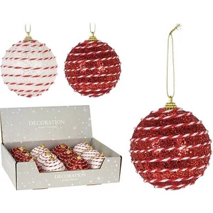 Karácsonyi gömb 8cm piros fehér glitteres, 2 féle fenyődísz kpm