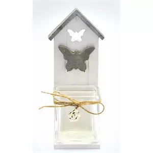 Mécsestartó házikó pillangós anyaga fehér színű fa + üveg mécsestartó 7,5x9x21cm