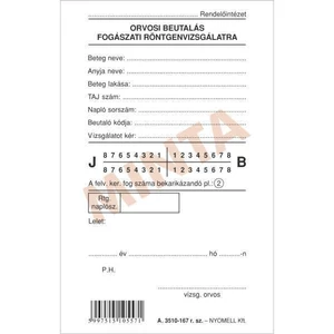 Ny A 3510-167 orvosi beutaló Fogászati röntgenvizsgálatra 80x145mm