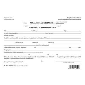 Ny A 3510-265/V/új Alkalmassági vélemény a gépjárművezetői alkalmasságról 2 lapos garn. A5 fekvő