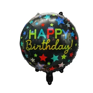 Party fólia lufi fekete, csillagos 45cm Happy Birthday felirattal