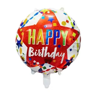 Party fólia lufi fehér, piros csillagos 45cm Happy Birthday felirattal